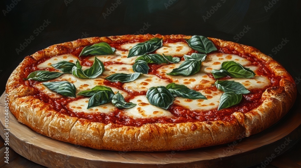 na pizza Margherita con mozzarella derretida y hojas frescas de albahaca, servida sobre una tabla de madera. Los ingredientes frescos y la masa dorada hacen de esta pizza una opción clásica y delicios na pizza Margherita con mozzarella derretida y hojas frescas de albahaca, servida sobre una tabla de madera. Los ingredientes frescos y la masa dorada hacen de esta pizza una opción clásica y delicios