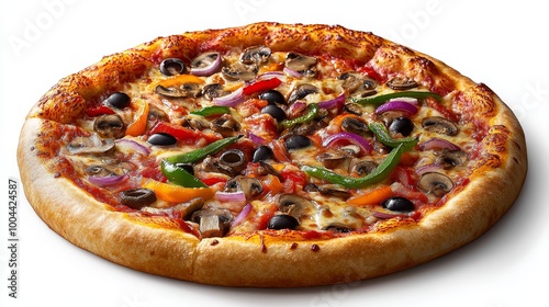 Pizza vegetariana con una colorida mezcla de pimientos, aceitunas, cebolla y champiñones. La masa está crujiente, y la combinación de vegetales frescos hace de esta pizza una opción sabrosa y saludabl
