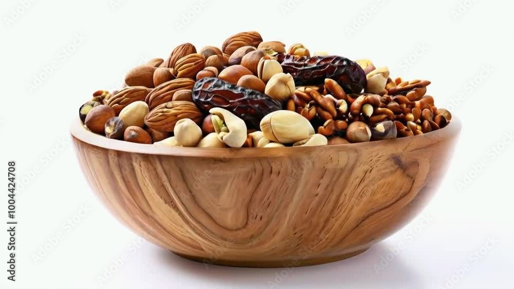 A wooden bowl filled with an assortment of nuts and dried fruits. A wooden bowl filled with an assortment of nuts and dried fruits.
