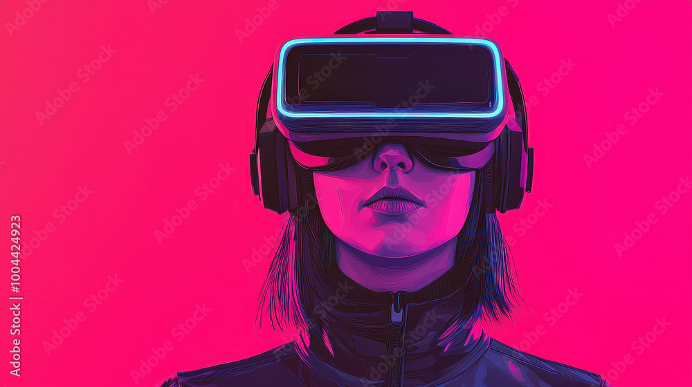 Immersed in vibrant virtual reality experience, woman wears sleek VR headset and headphones, showcasing future of technology and interactive entertainment Immersed in vibrant virtual reality experience, woman wears sleek VR headset and headphones, showcasing future of technology and interactive entertainment