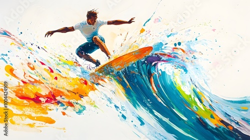 a surfer in action, surrounded by bold, colorful splashes that emphasize motion and intensity against a white backdrop.