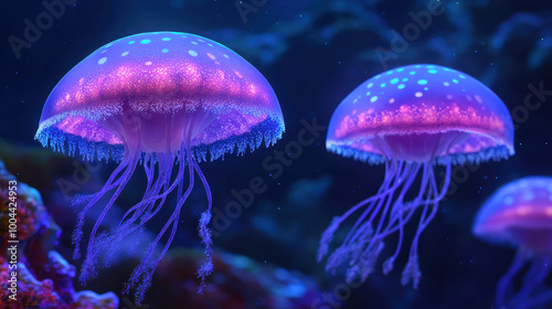 Glowing jellyfish swim gracefully in vibrant underwater scene, showcasing their ethereal beauty and bioluminescent colors. mesmerizing display captivates viewers imagination