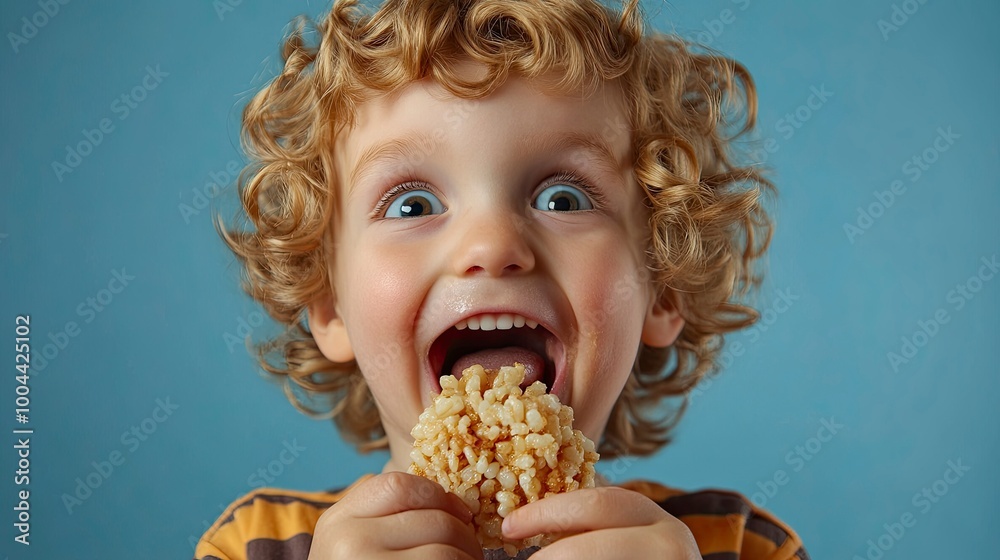 Naklejka premium Close up portrait of small excited caucasian boy four years old eating Crispy puffed rice cake healthy gluten free vegan or vegetarian food - front view studio shot healthy eating .generative ai