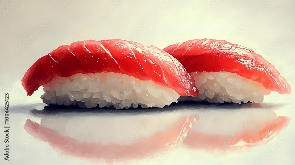 Sushi nigiri de atún fresco, presentado en porciones simples pero elegantes sobre arroz blanco ligeramente sazonado. La suavidad del atún crudo destaca sobre la base de arroz, creando un plato típico Sushi nigiri de atún fresco, presentado en porciones simples pero elegantes sobre arroz blanco ligeramente sazonado. La suavidad del atún crudo destaca sobre la base de arroz, creando un plato típico