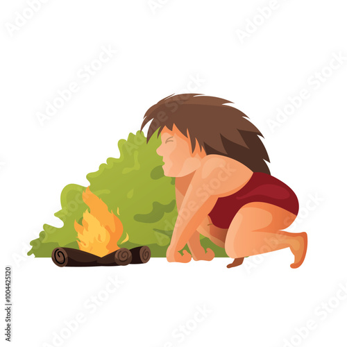 Caveman is fanning the fire. A wild woman, a Neanderthal in hide clothing makes a fire for cooking. Vector illustration in flat cartoon style