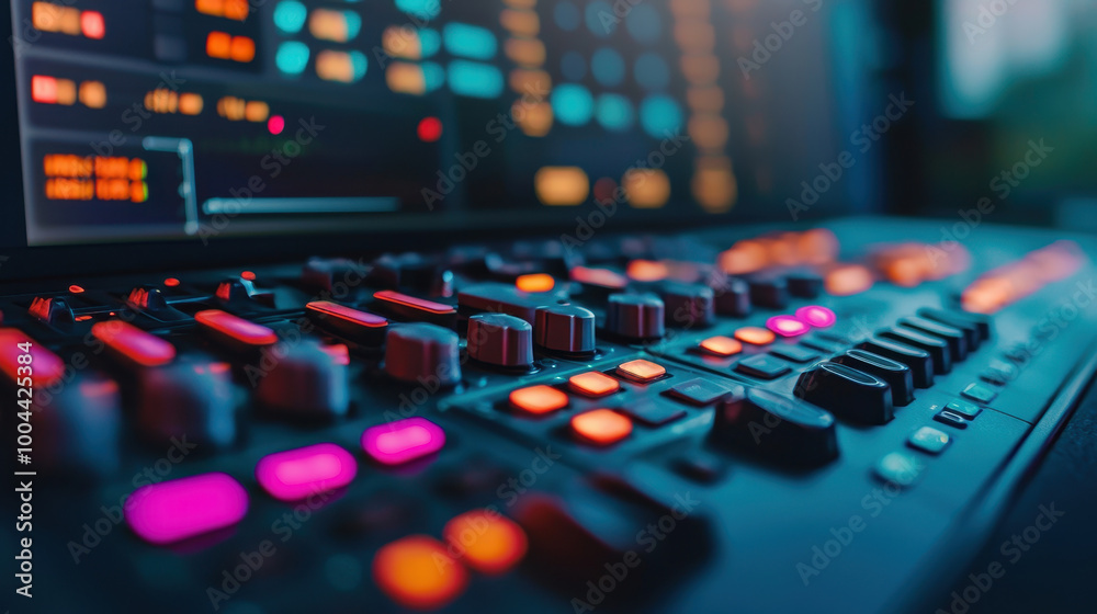 close up view of modern audio mixing console featuring vibrant buttons and sliders, showcasing sleek design and advanced technology. colorful lights create engaging atmosphere for sound production close up view of modern audio mixing console featuring vibrant buttons and sliders, showcasing sleek design and advanced technology. colorful lights create engaging atmosphere for sound production