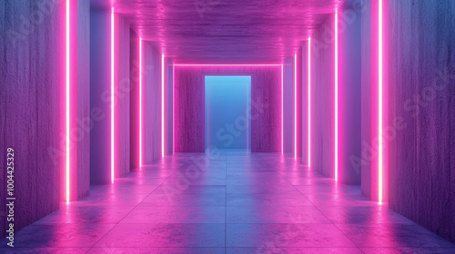 modern corridor featuring vibrant pink neon lights illuminating walls, creating futuristic atmosphere. sleek design and glowing accents evoke sense of innovation and creativity