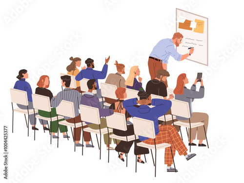 Group of students seated in rows attentively watching a teacher who is writing on a whiteboard. Students are diverse and some are taking notes or raising their hands. Ideal for education, seminars