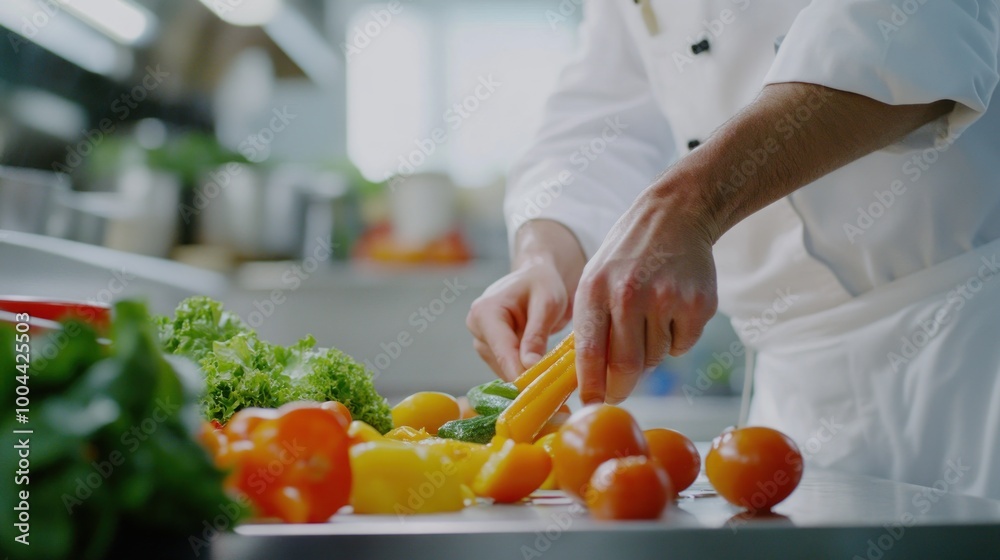 A chef prepares fresh vegetables in a kitchen, showcasing culinary skills and food preparation. A chef prepares fresh vegetables in a kitchen, showcasing culinary skills and food preparation.