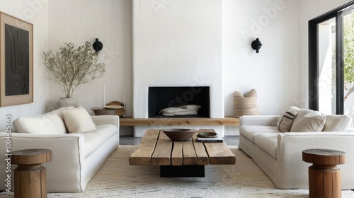 Modern Living Room with White Walls and Wooden Furniture
