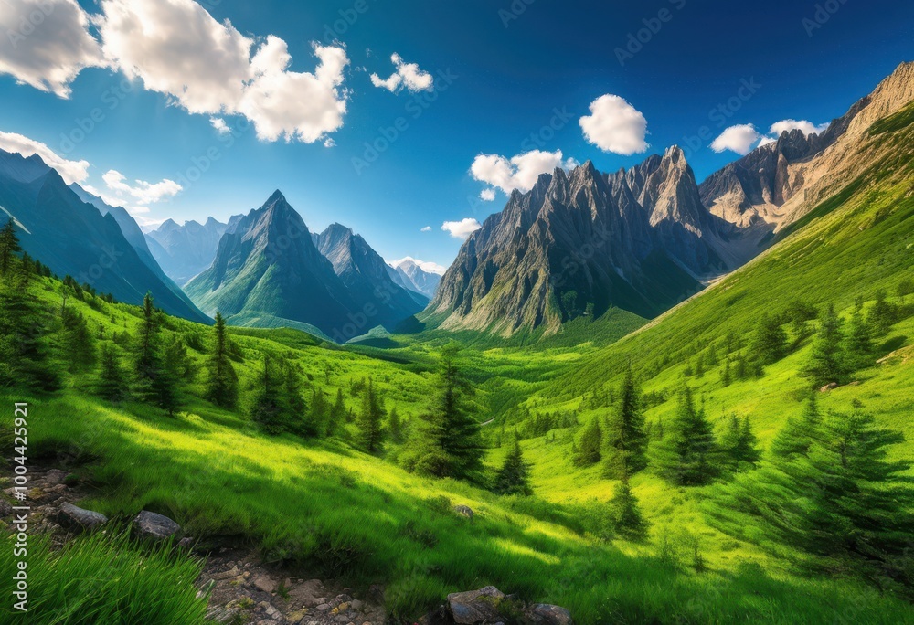 Naklejka premium breathtaking panoramic views showcasing majestic mountain ranges surrounded lush valleys clear blue skies perfect nature enthusiasts, peak, ridge, summit