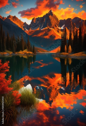 vibrant sunset over serene mountain lake colorful sky reflections majestic peaks highlighting natural beauty, alpine, evening, horizon, landscape photo