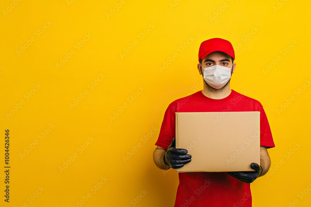 Delivery man employee in red cap blank tshirt uniform face mask glove hold empty cardboard box isolated on yellow background studio.generative ai Delivery man employee in red cap blank tshirt uniform face mask glove hold empty cardboard box isolated on yellow background studio.generative ai