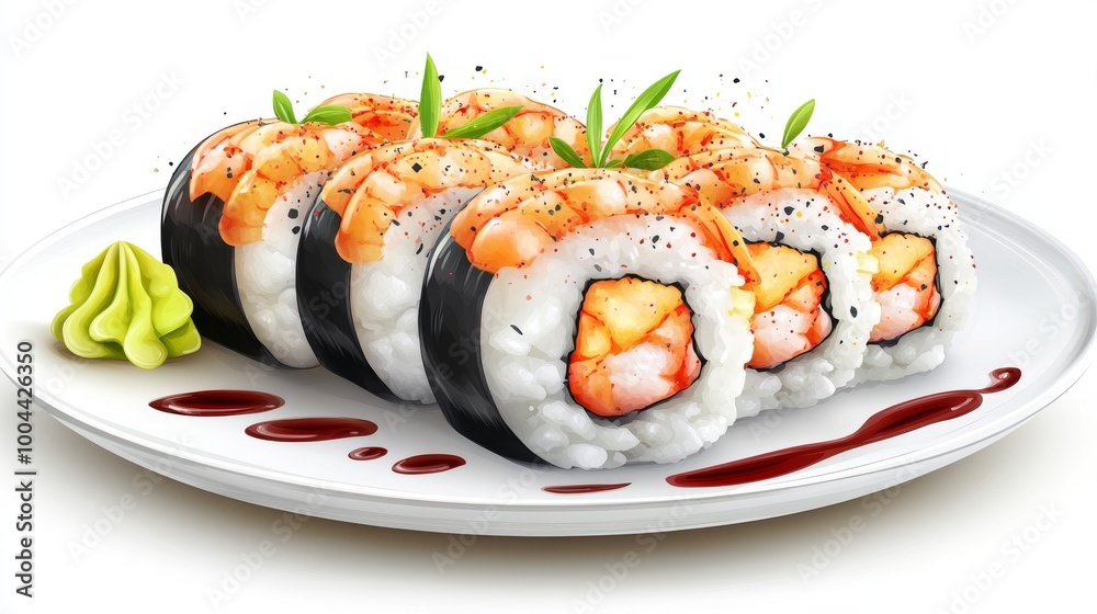 Rollo de sushi maki con camarones frescos y aguacate, envuelto en arroz y cubierto con salsa teriyaki. El plato está decorado con brotes verdes, perfecto para una comida ligera. Rollo de sushi maki con camarones frescos y aguacate, envuelto en arroz y cubierto con salsa teriyaki. El plato está decorado con brotes verdes, perfecto para una comida ligera.