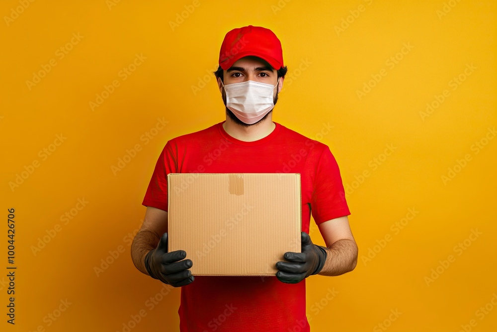 Delivery man employee in red cap blank tshirt uniform face mask glove hold empty cardboard box isolated on yellow background studio.generative ai Delivery man employee in red cap blank tshirt uniform face mask glove hold empty cardboard box isolated on yellow background studio.generative ai