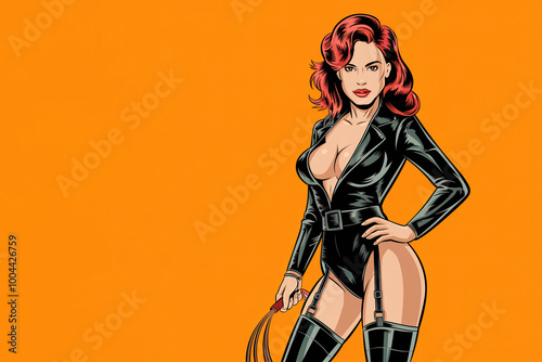 sexy busty woman in dominatrix halloween costume on orange background with copy space