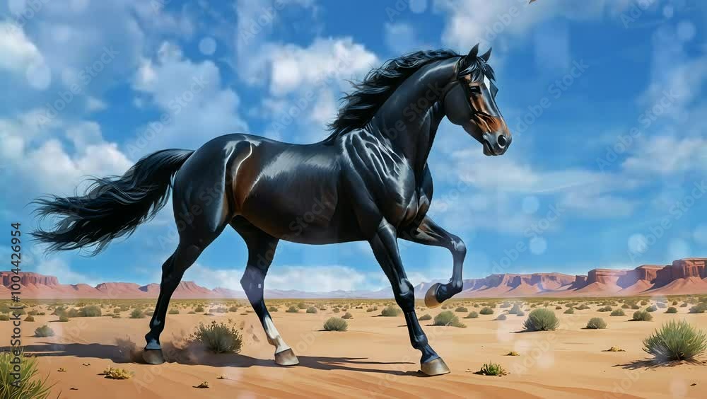 a sleek black horse galloping powerfully across the desert under a bright blue sky. seamless looping time-lapse 4K video background
a sleek black horse galloping powerfully across the desert under a bright blue sky. seamless looping time-lapse 4K video background