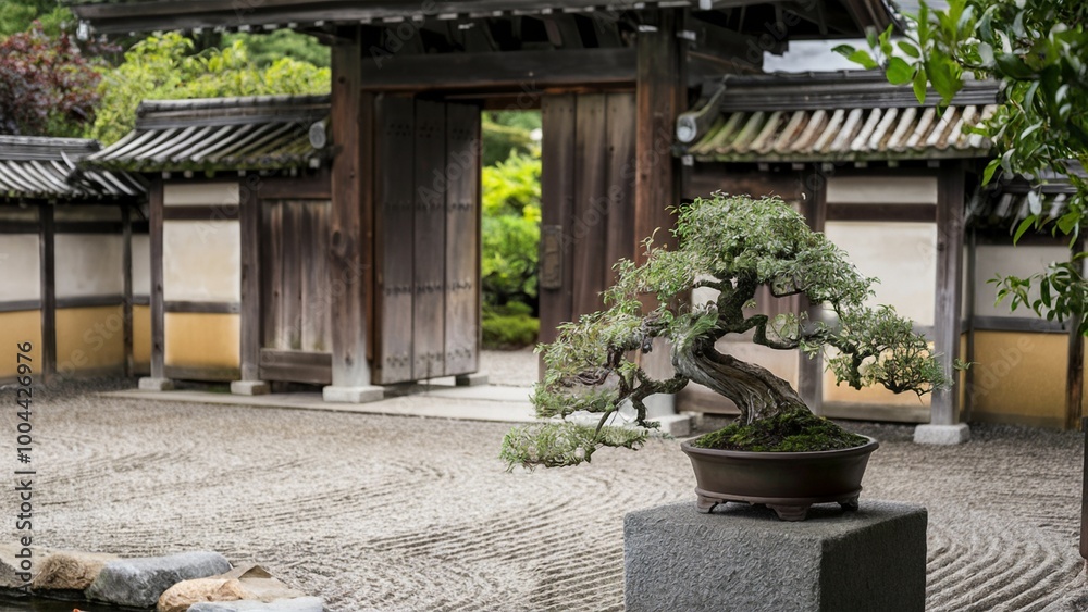Traditional Japanese Garden Gate with Bonsai Tree in Front Traditional Japanese Garden Gate with Bonsai Tree in Front