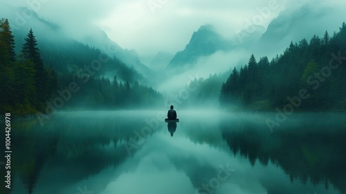 Serene lake view with a person meditating amidst misty mountains.