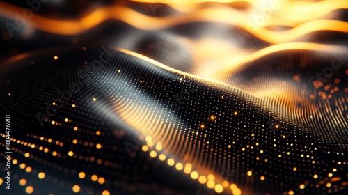 Superficie abstracta de ondas fluidas con puntos de luz dorados brillando intensamente, creando una textura moderna y futurista.