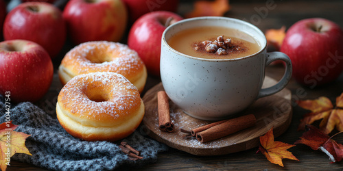 A cup of apple juice with cinnamon and doughnuts on the table, surrounded by apples in autumn. 