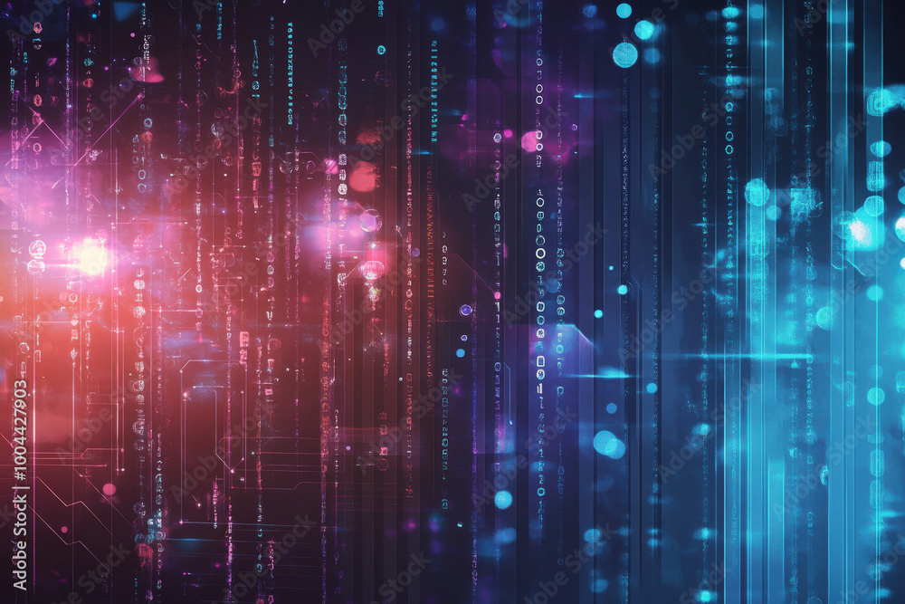 Fototapeta premium Vibrant digital landscape with cascading data streams and glowing particles in a futuristic cybernetic environment at night. Generative AI