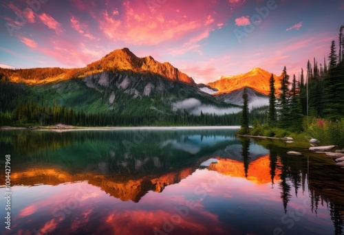 breathtaking vibrant sunrise over tranquil mountain lake stunning reflections peaceful natural setting, aquatic, azure, beauty, brightness, calm photo