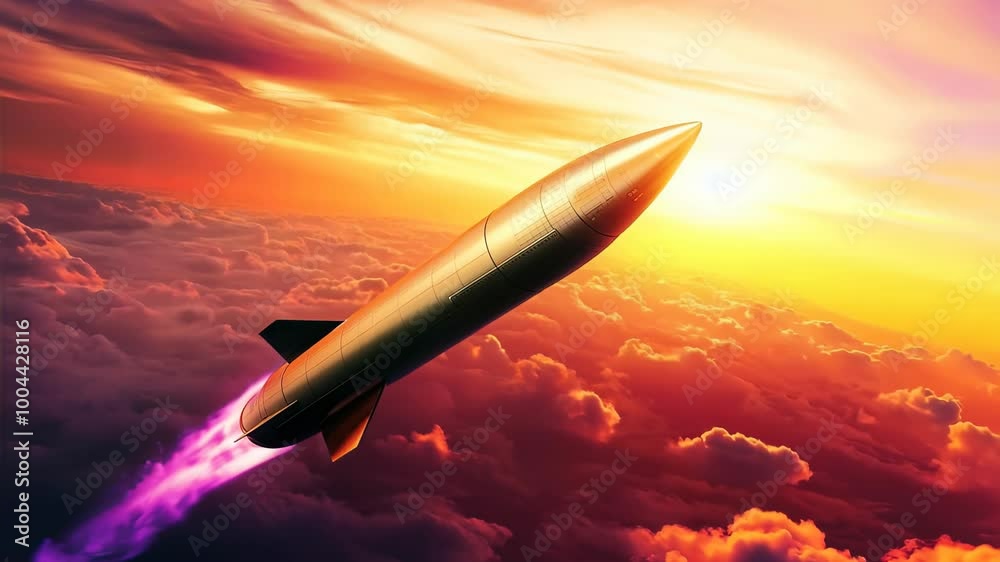 Rocket Launching Into Sunset Sky with Clouds and Dramatic Lighting Rocket Launching Into Sunset Sky with Clouds and Dramatic Lighting