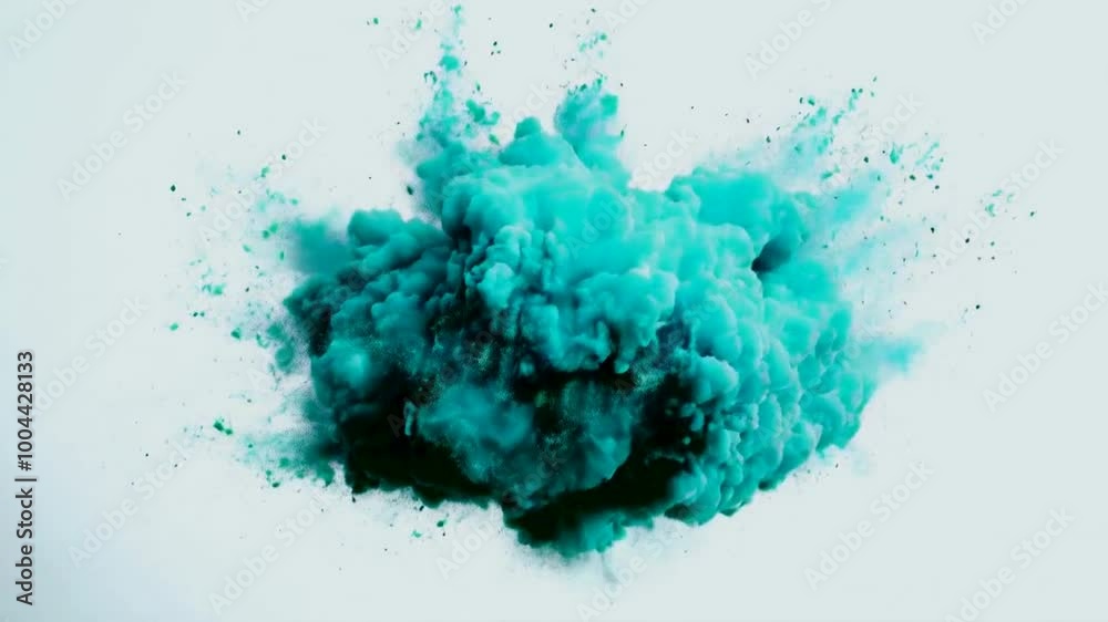 A vibrant explosion of teal-colored smoke and powder against a white background. A vibrant explosion of teal-colored smoke and powder against a white background.