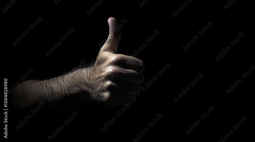A close-up of a hand giving a thumbs-up gesture against a dark background. The strong lighting emphasizes the shape and detail of the hand, making it a clear and confident symbol of approval or A close-up of a hand giving a thumbs-up gesture against a dark background. The strong lighting emphasizes the shape and detail of the hand, making it a clear and confident symbol of approval or