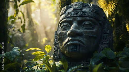 Olmec sculpture carved from stone. mayan symbol - big stone head statue in a jungle.generative ai. Mayan Ritual. Illustration photo