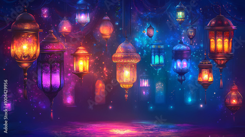 Islamic background - majestic arabian nights with ornate lanterns and mystical glows. Arabian Nights. Illustration