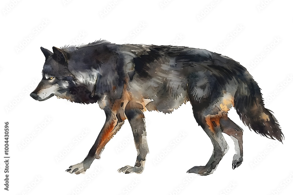 Fototapeta premium Black wolf walking, full body view, side profile, watercolor on white background