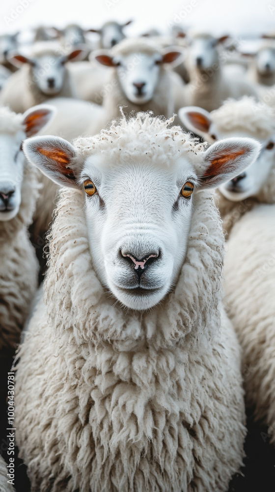 Naklejka premium A close-up view of a flock of sheep in a rural setting during the day highlighting their fluffy wool and curious expressions