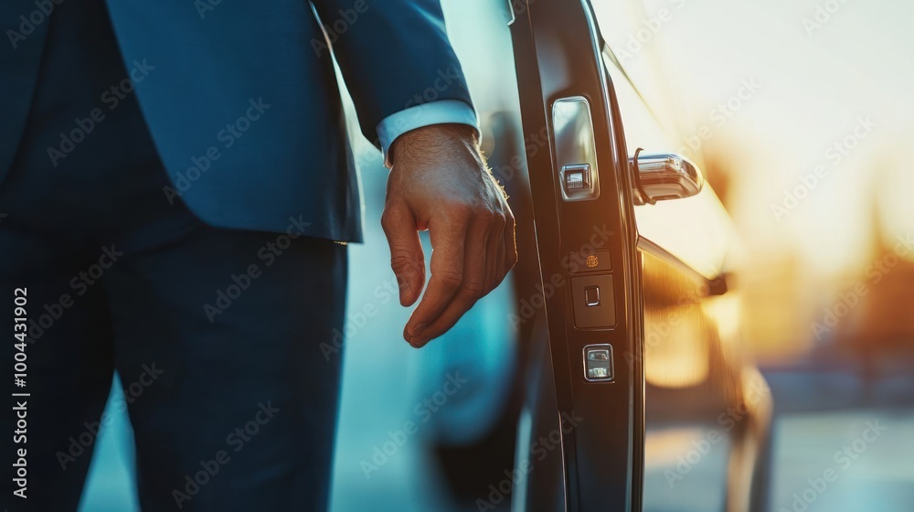 Naklejka premium A businessman standing beside a car door, preparing to enter as the sun sets.