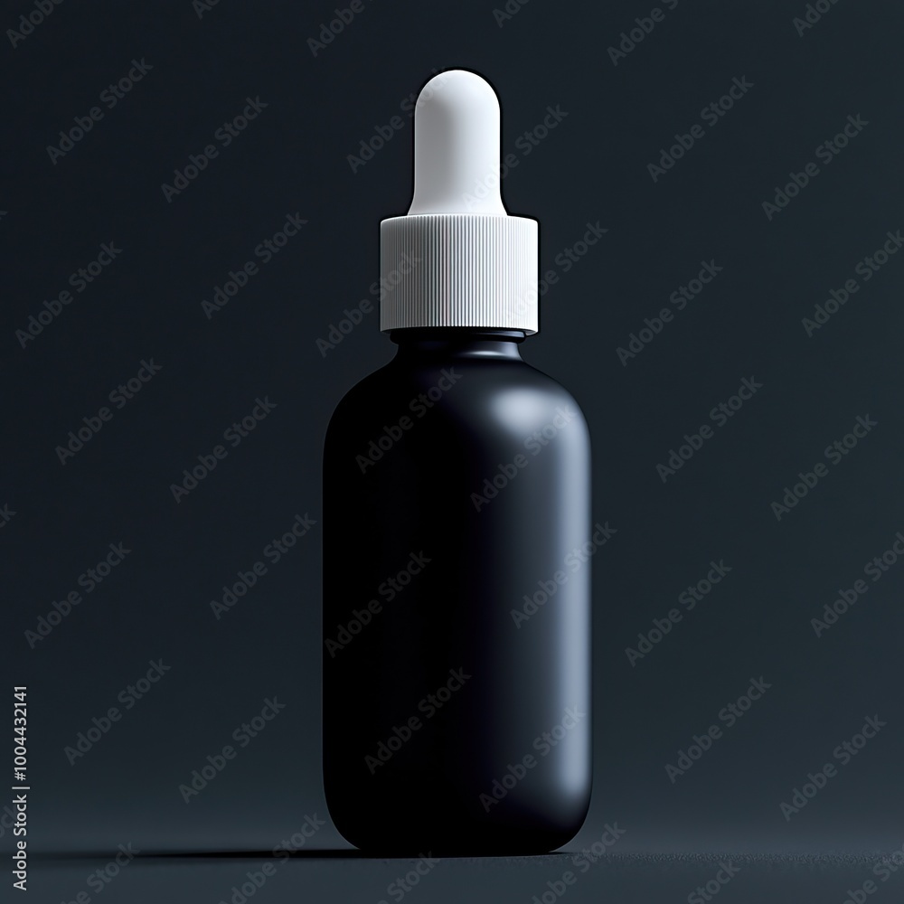 Black dropper bottle with white cap against a dark background, perfect for product designs and branding. Black dropper bottle with white cap against a dark background, perfect for product designs and branding.
