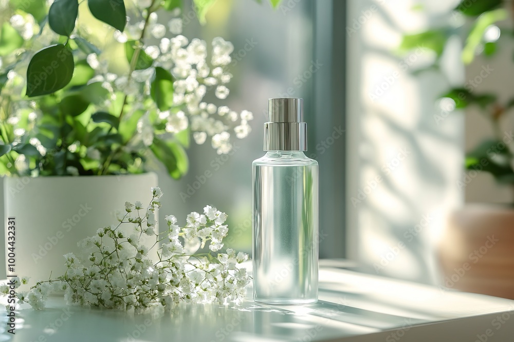 A clear spray bottle beside fresh flowers and green leaves, adorned with soft natural light. A clear spray bottle beside fresh flowers and green leaves, adorned with soft natural light.