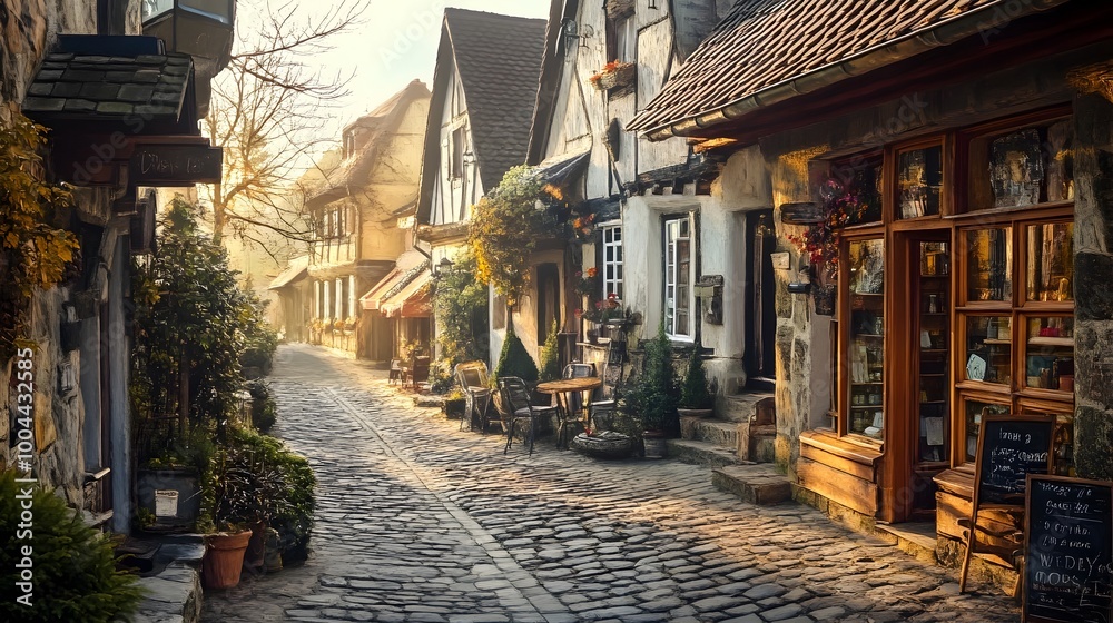 Fototapeta premium A charming and tranquil European village street lined with cozy cottages and quaint shops winding cobblestone paths between them bathed in the warm glow of afternoon sunlight