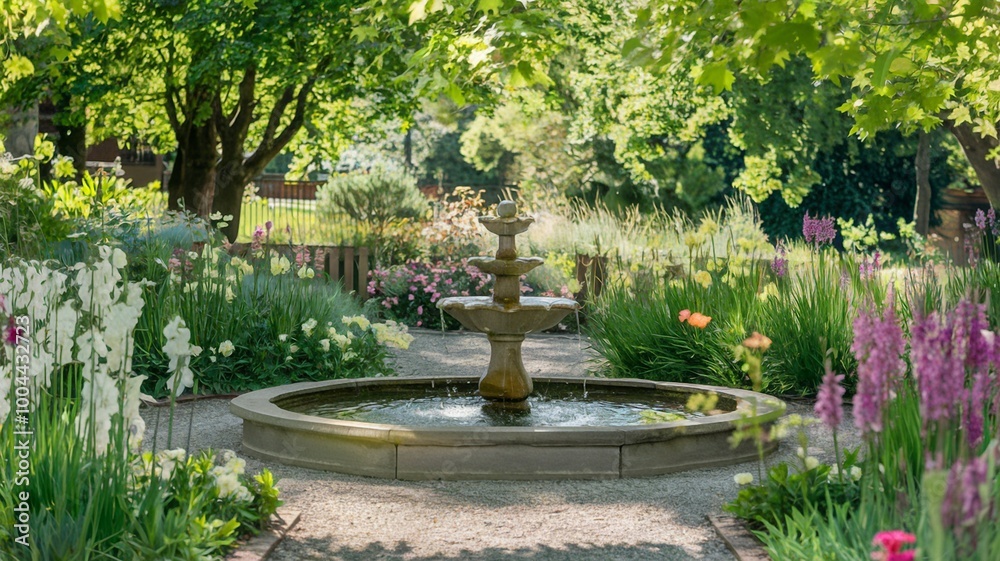Tranquil Garden with Fountain and Blooming Flowers Tranquil Garden with Fountain and Blooming Flowers