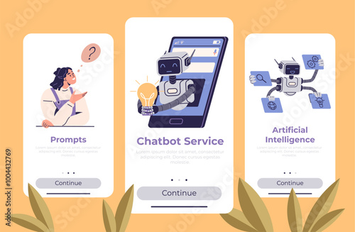 Three panels display a woman thinking about prompts, a chatbot emerging from a smartphone, and a robot managing various tasks. Ideal for tech, AI, chatbots, digital services, user assistance. Flat