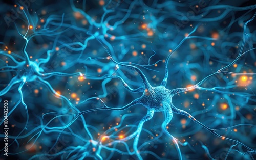 Abstract representation of a neural network with glowing blue neurons and axons. photo