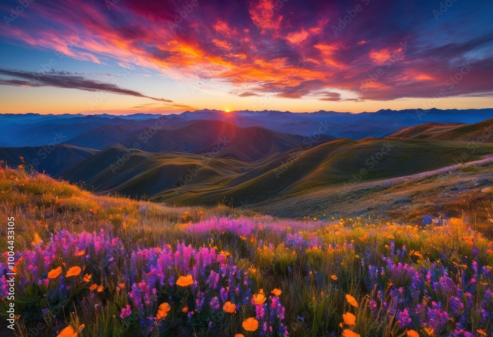 Obraz premium vibrant sunrise casting radiant hues over expansive mountain ranges surrounded clear skies blossoming flora, mountains, landscape, horizon, sky, clouds