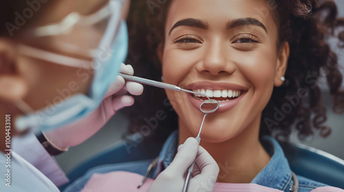 Beautiful young african american woman smiling with nice white teeth, sitting in the dentist office. Concept: Hollywood smile, teeth hygiene, dental equipment and dentistry website banner