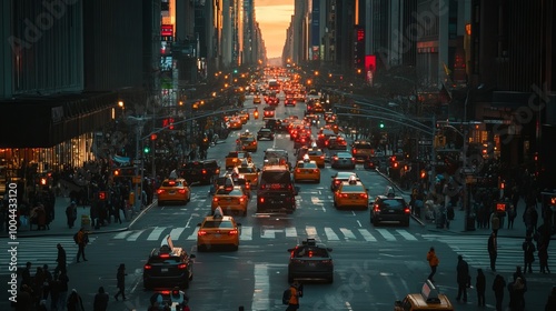 A crowded intersection at 5th Avenue and 23rd Street in New York City buzzes with people and cars, framed by a vibrant sunset. photo