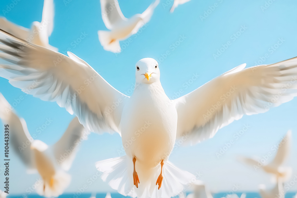 Fototapeta premium Seagull flying directly towards camera in bright blue sky