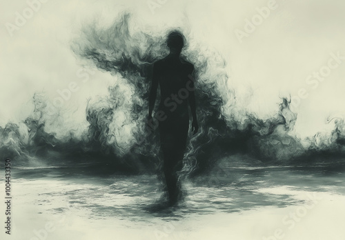 silhouette of a person disappearing in the wind