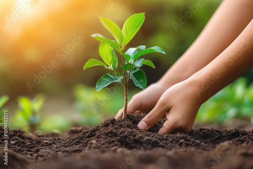 Hands planting a young tree, symbolizing growth and environmental conservation