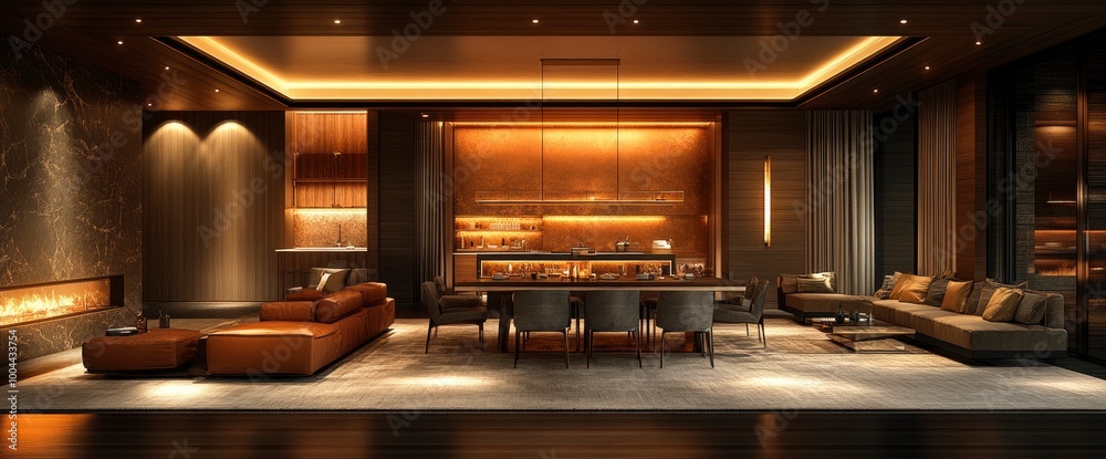 Modern Luxury Living Room with Fireplace, Bar and Dining Area Modern Luxury Living Room with Fireplace, Bar and Dining Area