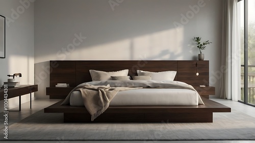 A minimalist bedroom with a neatly folded bed, soft white linens, and no other furniture, evoking calmness and simplicity with soft morning light filtering in.