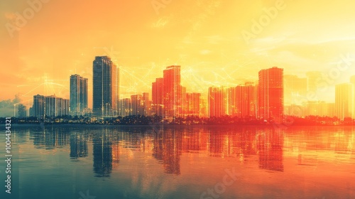 The abstract futuristic style of Florida coastal technology city scenery is filled with dynamic lighting connected by digital technology, showcasing modern concepts of networking and data transmission